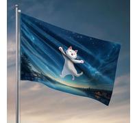 Drapeaux pour chambre drôle avec un chat blanc heureux flottant dans le ciel nocturne sur un lac serein drapeau amusant décoration de chambre pour homme (60 x 90 cm)
