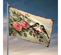 Drapeaux pour chambre drôle deux oiseaux perchés sur une branche avec des roses. Drapeau décoratif pour porche extérieur pour dortoir (30 x 45 cm)