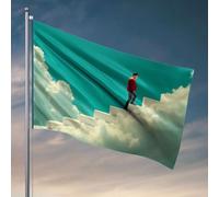 Drapeaux pour chambre drôle homme en veste rouge grimpe l'escalier vers le paradis. Drapeau drôle décoration de dortoir Accessoires de bar pour homme (120 x 180 cm)