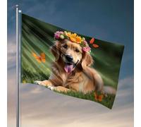 Drapeaux pour chambre drôle Un golden retriever avec des fleurs sur sa tête. Drapeau décoratif pour porche extérieur pour dortoir (30 x 45 cm)
