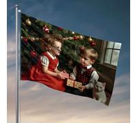 Drapeaux pour chambre drôle Une fille en robe rouge donne un cadeau à son frère. Drapeau amusant pour décoration de dortoir, accessoires de bar pour homme (120 x 180 cm)