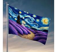 Drapeaux pour chambre drôle une nuit étoilée sur un champ de lavande avec une maison. Drapeau décoratif pour porche extérieur pour dortoir (30 x 45 cm)