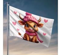 Drapeaux pour chambre drôle une vache mignonne portant un chapeau et une écharpe roses. Drapeau de bienvenue pour porche debout Décoration rétro (152 x 244 cm)