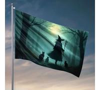 Drapeaux pour chambre garçon sorcière avec chats dans une forêt effrayante. Drapeau amusant pour dortoir universitaire fille porte de chambre (120 x 180 cm)