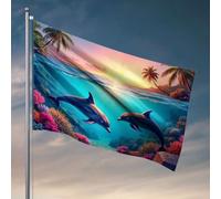 Drapeaux pour chambre garçons deux dauphins nageant dans des récifs coralliens colorés avec des palmiers sur le rivage. Drapeau décoratif pour toilettes, accessoires de chambre pour adolescents