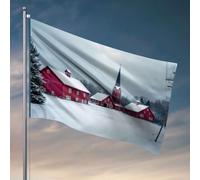 Drapeaux pour chambre Motif granges rouges et église en hiver. Drapeau de bienvenue pour porche debout Décoration rétro (120 x 180 cm)