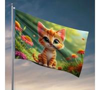 Drapeaux pour décoration de chambre Un joli chaton orange assis parmi des fleurs colorées. Drapeau, décoration de cour extérieure (120 x 180 cm)