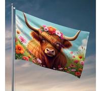 Drapeaux pour décoration de dortoir pour homme Vache Highland dans un jardin fleuri Drapeaux pour homme Cave Drapeaux amusants pour dortoir universitaire (60 x 90 cm)