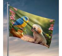 Drapeaux pour dortoir universitaire Adorable chiot et oiseau coloré dans un jardin Drapeau rétro Décoration vintage (60 x 90 cm)