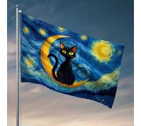 Drapeaux pour dortoir universitaire Chat noir sur la lune : Une nuit étoilée Aventure Drapeau rétro Décoration de chambre Vintage (152 x 244 cm)