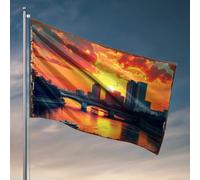 Drapeaux pour dortoir universitaire Coucher de soleil sur paysage urbain moderne avec pont et bateau Drapeaux de chambre d'université Décoration de dortoir drôle (60 x 90 cm)
