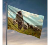 Drapeaux pour dortoir universitaire Un berger mène son troupeau de moutons à travers un champ ensoleillé. Drapeau, décoration de cour en plein air, trucs cool pour votre chambre (120 x 180 cm)