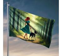 Drapeaux pour dortoir universitaire Une femme dans une robe verte promenant son chien à travers une forêt. Drapeau homme grotte bar drapeaux amusants (152 x 244 cm)