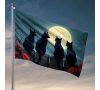 Drapeaux pour fille pour chambre à coucher, quatre chats noirs assis sur une clôture, regardant une pleine lune. Drapeau pour décoration d'intérieur pour hommes, décoration rétro (60 x 90 cm)