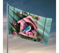 Drapeaux pour fille pour chambre à coucher Un oiseau bleu est assis dans un nichoir rose entouré de roses. Drapeau décoration d'intérieur pour hommes décoration rétro (152 x 244 cm)