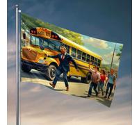 Drapeaux pour garçons « A Man in A Suit Runs Alongside A School Bus With Children Chasing After Him.Flag » Décoration de chambre de garçon Décoration de porte pour lit (30 x 45 cm)