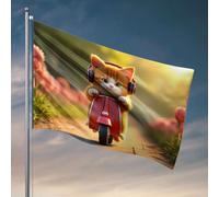 Drapeaux pour garçons Un joli chaton chevauchant un scooter rouge dans un jardin fleuri. Drapeau décoration de chambre pour homme trucs cool pour votre chambre (60 x 90 cm)