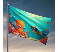 Drapeaux pour garçons Un plongeur nage près d'une pieuvre sous l'eau. Drapeau homme grotte drapeaux pour votre chambre (152 x 244 cm)