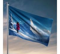 Drapeaux pour garçons Une personne dans un manteau rouge debout sur une colline enneigée, regardant une chaîne de montagnes majestueuses, décoration de chambre pour homme, trucs cool pour votre