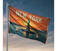 Drapeaux pour gars Statue de la Liberté Coucher de soleil Voiliers New York Paysage urbain Drapeau extérieur Accessoires de bar Décor de salle de jeux (120 x 180 cm)