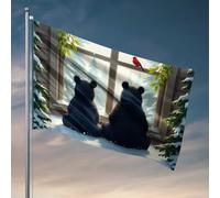 Drapeaux pour homme avec deux ours regardant la forêt d'hiver à travers la fenêtre, drapeau, articles de chambre, dortoir, drapeaux pour hommes (60 x 90 cm)