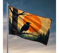 Drapeaux pour homme caverne un corbeau perché sur une branche sur fond d'un soleil et d'une forêt oranges. Drapeau pour bar Tiki pour terrasse extérieure (120 x 180 cm)