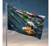 Drapeaux pour homme grotte Une cloche dorée ornée de neige suspendue à une branche de houx. Drapeau décorations extérieures pour cour universitaire drapeaux de dortoir (60 x 90 cm)