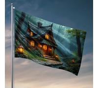 Drapeaux pour homme - Motif chalet de forêt enchantée au crépuscule - Drapeau d'automne - Décoration de terrasse - 152 x 244 cm