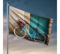 Drapeaux pour hommes vintage vélo avec fleurs devant une porte bleue Décorations extérieures pour terrasse, chambre à coucher (152 x 244 cm)