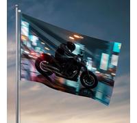 Drapeaux pour motocycliste de grotte d'homme qui traverse un paysage urbain éclairé au néon - Décorations extérieures pour cour universitaire - Drapeaux de dortoir (30 x 45 cm)