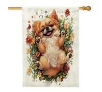 Drapeaux printaniers pékinois pour niche de chien, 71,1 x 101,6 cm, double face pour décoration, champ de fleurs mignonnes en toile de jute pour décoration de jardin pour extérieur