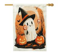 Drapeaux rétro d'Halloween fantômes de maison 71,1 x 101,6 cm double face, mignonnes citrouilles de dessin animé, bonbons standard, drapeaux de maison fantômes, drapeaux de jardin pour décoration