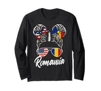 Drapeaux Roumanie USA Femme Américaine Chignon Décoiffé Manche Longue