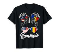 Drapeaux Roumanie USA Femme Américaine Chignon Décoiffé T-Shirt