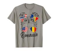 Drapeaux Roumanie USA Femme Américaine Chignon Décoiffé T-Shirt
