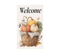 Drapeaux rustiques de citrouilles et de feuilles dans un panier, bannière de vœux avec œillets, décoration d'intérieur et d'extérieur