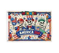 Drapeaux squelettes pour extérieur, statue de feux d'artifice de dessin animé festif du 4 juillet, drapeaux décoratifs d'extérieur avec œillets décoratifs pour terrasse, patio, camping, porche, 6,1 x