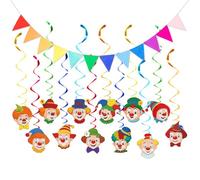 Drapeaux Triangulaire Décoration Carnaval - Guirlande Spirale Colorée avec Motifs de Clown - Ensemble de 12 Pièces + Banderole de 3m - Idéal pour Fêtes et Anniversaires