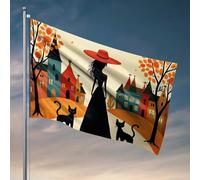 Drapeaux universitaires pour dortoir, paysage urbain automnal avec silhouette de femme et de chats, décoration pour chambre, drapeaux amusants pour hommes (120 x 180 cm)