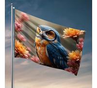 Drapeaux universitaires pour gars, hibou bleu et orange au milieu de fleurs en fleurs, décoration murale pour dortoir, garçons d'université pour dortoirs (152 x 244 cm)