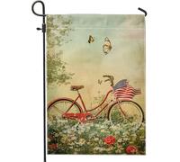 Drapeaux Vélos À Fleurs D'Été Vélos Rouges Vintage Avec L'Amérique 30X45Cm Drapeaux De Maison Double Face Couleurs Éclatantes Bannières Pour Dortoirs Chambres Événement