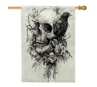 Drapeaux verticaux d'Halloween horreur gothique corbeau avant cour arrière en lin 71 x 101,6 cm double face pour extérieur, squelette gothique effrayant corbeau maison drapeau imprimé drapeau