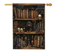 Drapeaux verticaux en lin pour Halloween teckel avant cour arrière 71 x 101,6 cm double face pour extérieur, livres magiques effrayants sorcières chiots maison drapeau imprimé drapeau pour animal