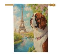 Drapeaux verticaux en lin pour maison de jardin avec chien du printemps Saint-Bernard 71 x 101,6 cm double face pour l'extérieur, tours romantiques, drapeau imprimé pour maison, animal domestique