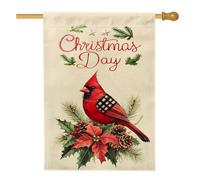 Drapeaux verticaux en toile de jute avec poinsettia Merry Christmas - 71,1 x 101,6 cm - Double face pour l'extérieur - Drapeau imprimé cardinal de Noël amusant pour la maison, les vacances, le Nouvel