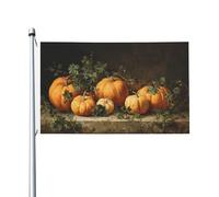 Drapeaux vintage citrouilles orange sur table cour, maison, bannière de vœux avec œillets, décoration d'intérieur ou d'extérieur
