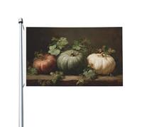 Drapeaux vintage citrouilles vertes et blanches sur table de cour, bannière de vœux de saison avec œillets pour décoration d'intérieur ou d'extérieur