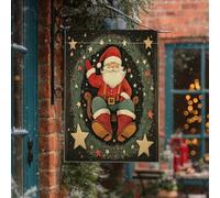 Drapeaux vintage de maison de Père Noël 71 x 101,6 cm double face pour l'extérieur, couronne rustique de Noël pour enfant, drapeau vertical standard en toile pour maison, vacances, Nouvel An, cour