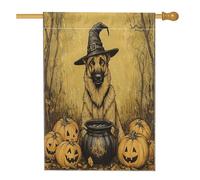 Drapeaux vintage d'Halloween berger allemand pour maison de chien, 71,1 x 101,6 cm, double face pour extérieur, chaudron de sorcière, chiot en lin, drapeau vertical en toile pour la maison, drapeau