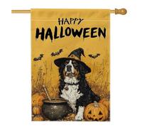 Drapeaux vintage d'Halloween bernois pour maison de chien de montagne 71,1 x 101,6 cm double face pour extérieur, chaudron de sorcière, chiot en lin vertical, drapeau imprimé rétro pour la cour